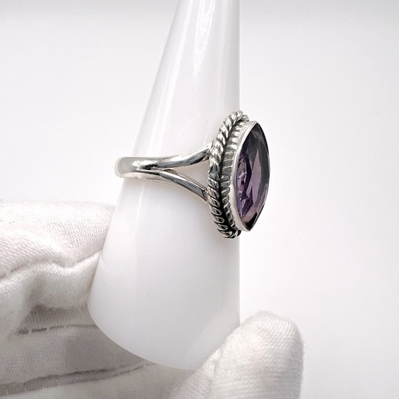 Genuine Faceted Marquise Amethyst .925 Sterling Silver Ring - Picture 8 of 17